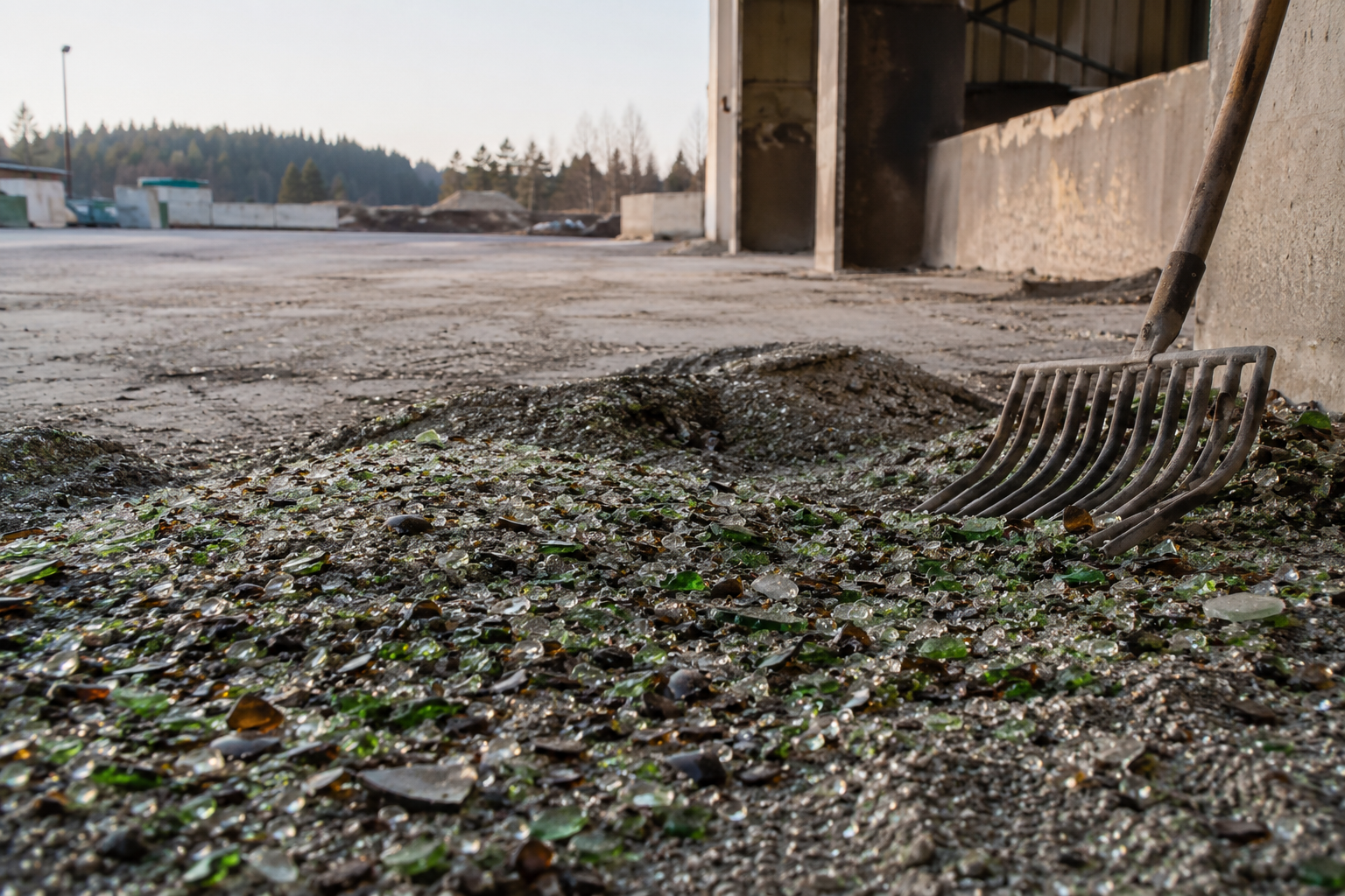 Crushed glass and bent rake on gravel