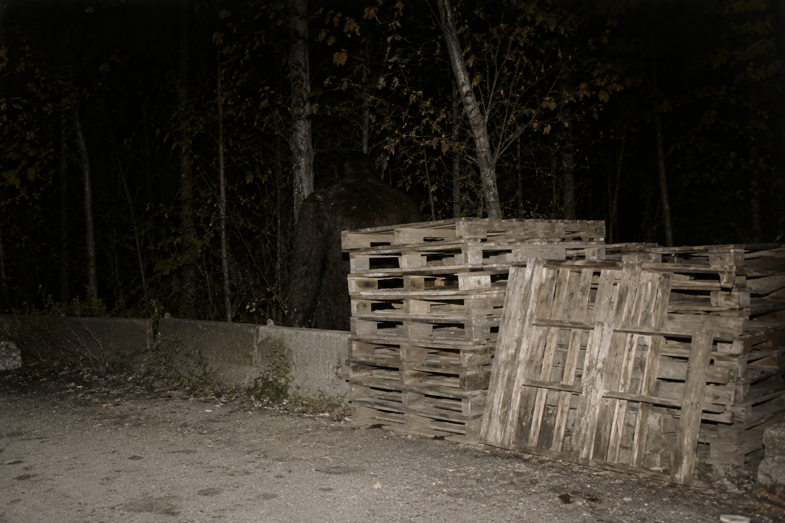 Dark shape partly hidden behind stacked pallets