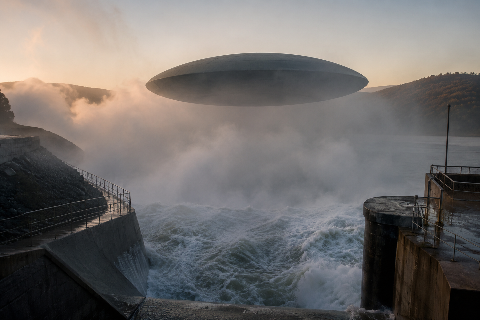 A solid oval craft hovers low above mist rising from a reservoir spillway.
