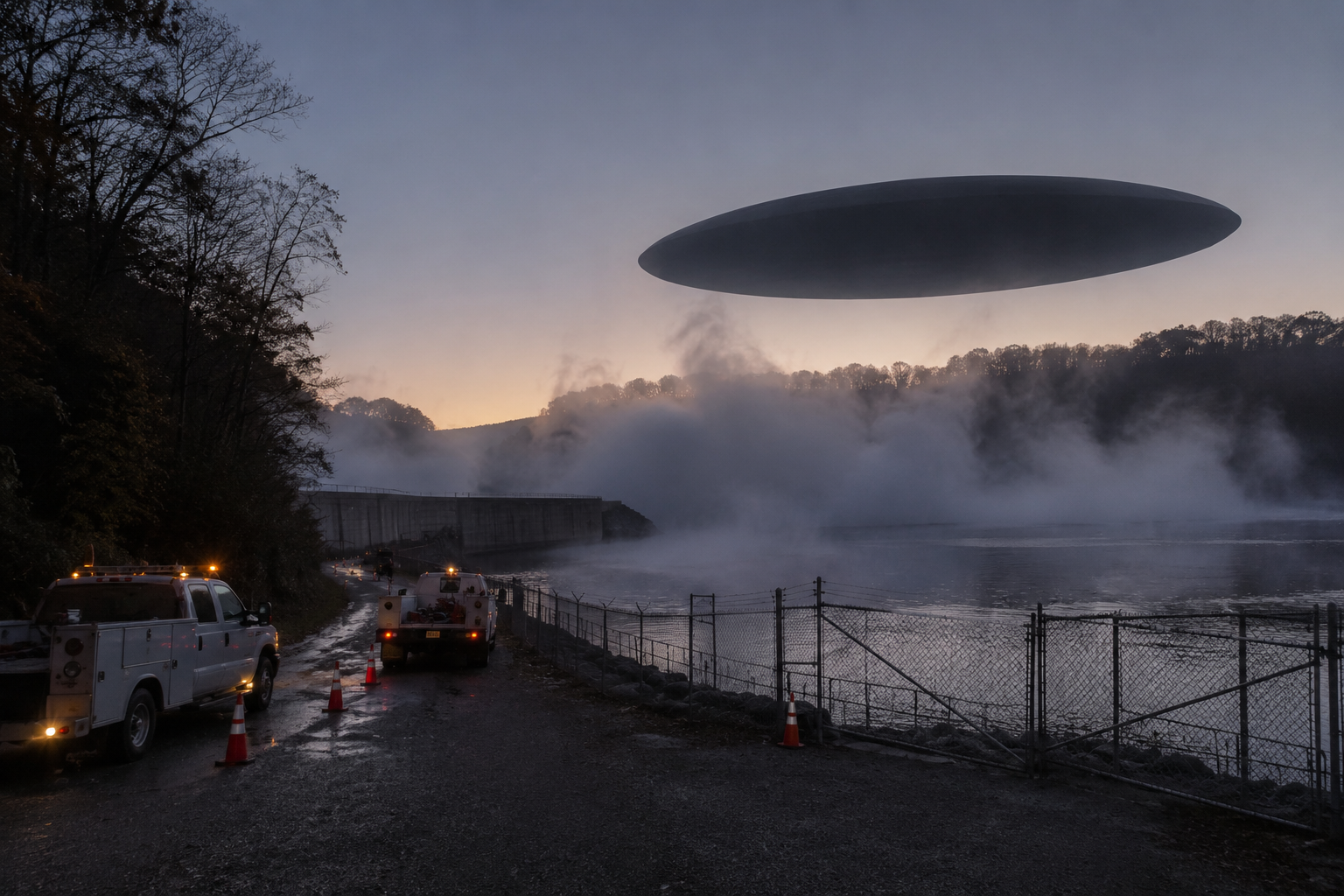 A maintenance truck sits near a spillway while an oval UFO hangs in the mist.