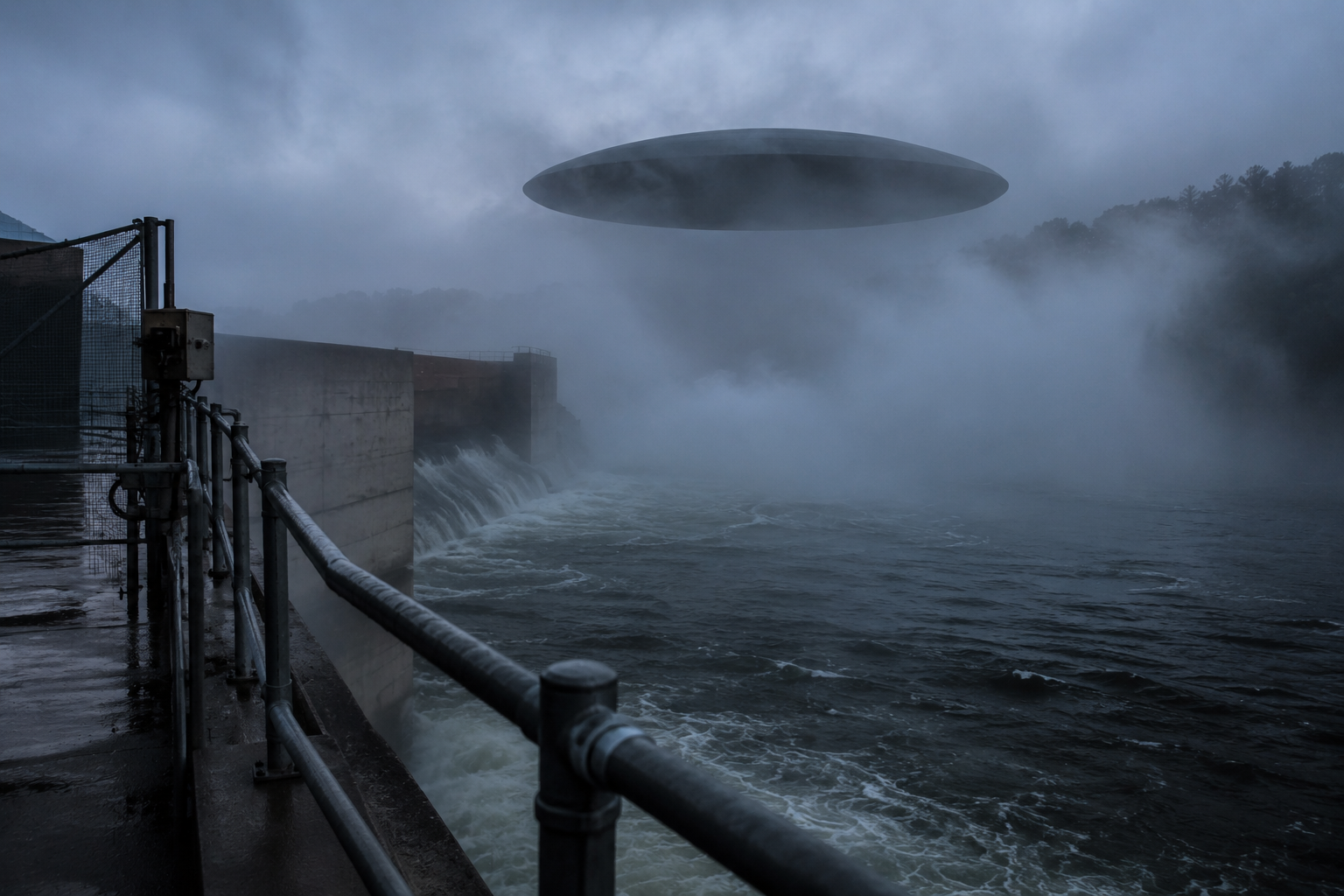 Spray parts around a smooth oval craft hovering above the concrete lip of a spillway.
