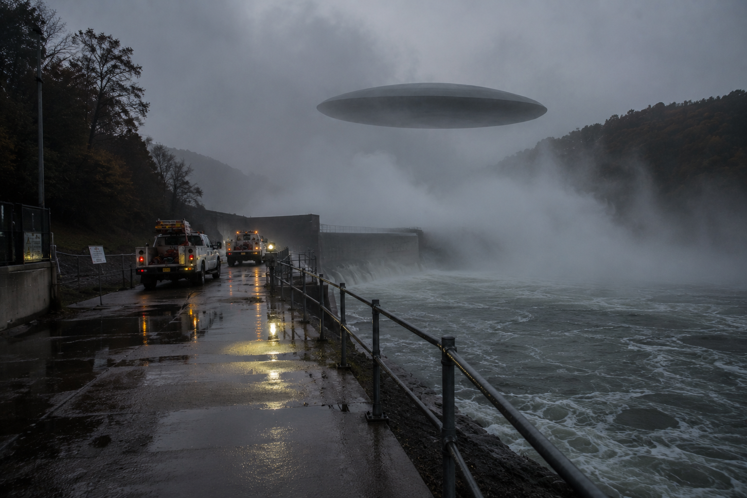 Workers in reflective jackets face a dark silver oval UFO visible inside spillway mist.