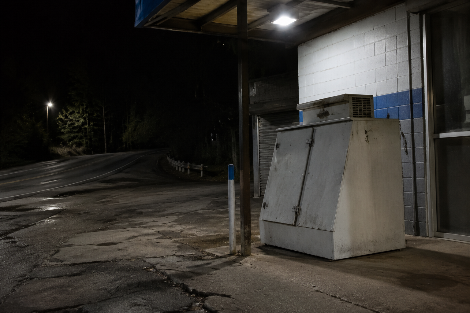 Closed roadside ice machine after dark