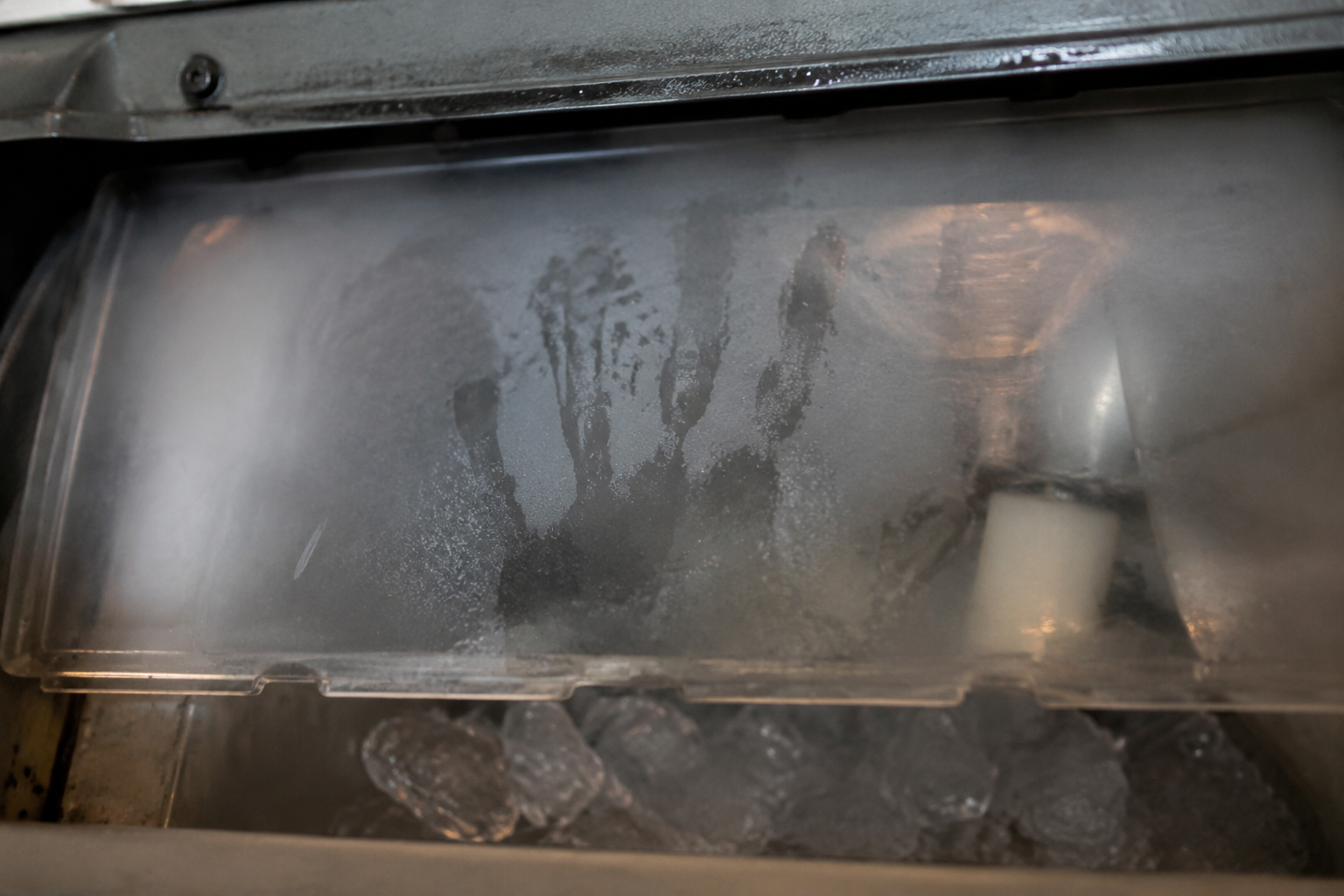 Wet hand-shaped mark inside ice machine flap