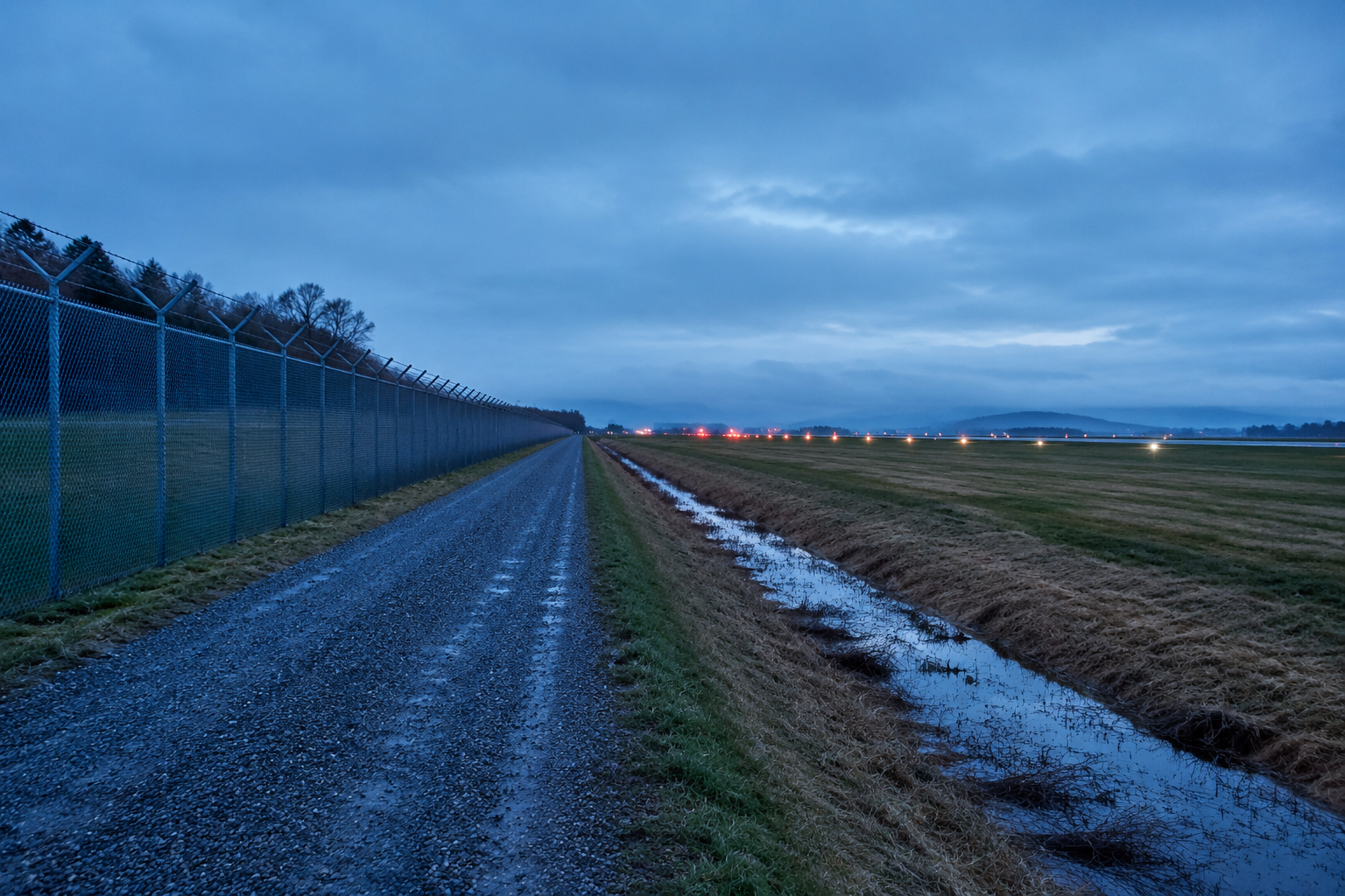 Rural airport perimeter fence beside a gravel maintenance road at dusk