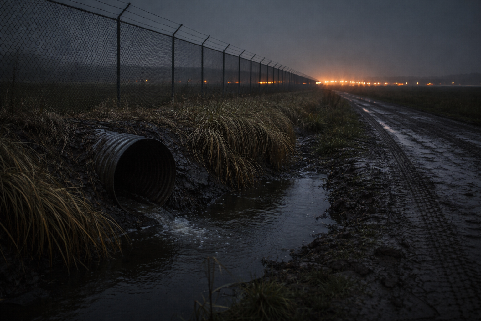 Muddy drainage ditch and tire tracks near a rural airport fence
