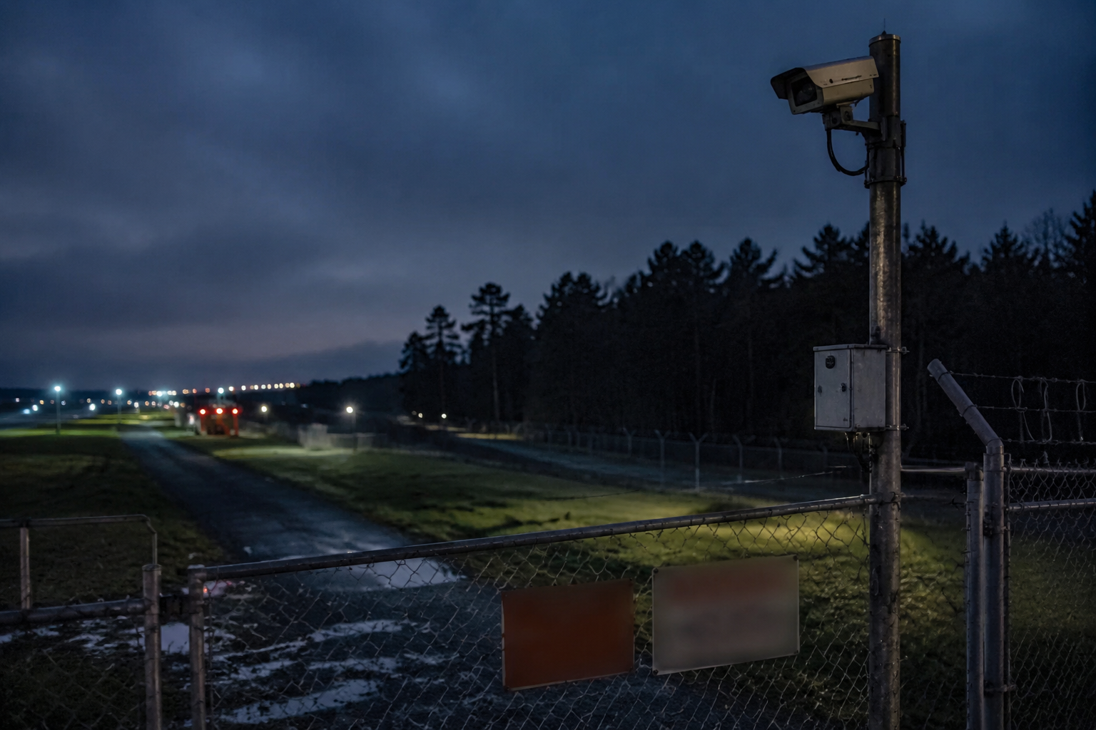 Perimeter camera mounted near an airport fence facing a dark tree line