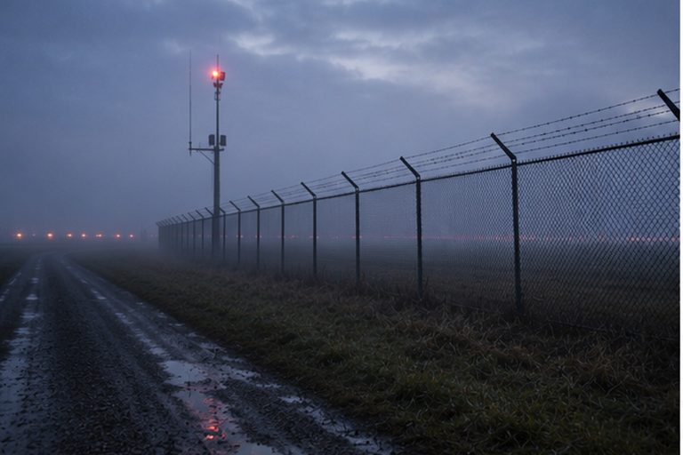 The perimeter camera was installed for deer and trespassers, not for a shoulder wider than the fence posts.