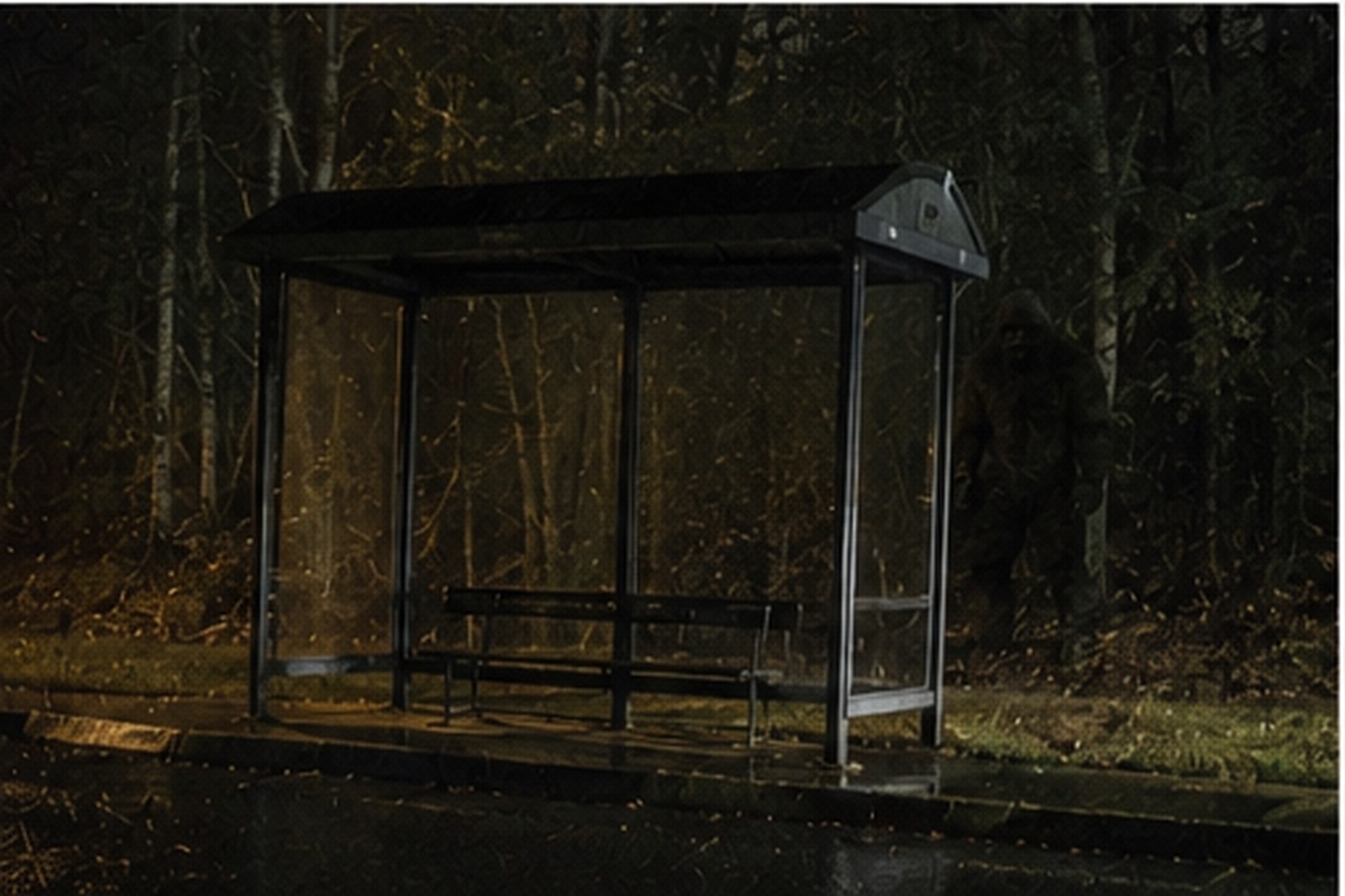 Broad dark figure behind bus shelter posts