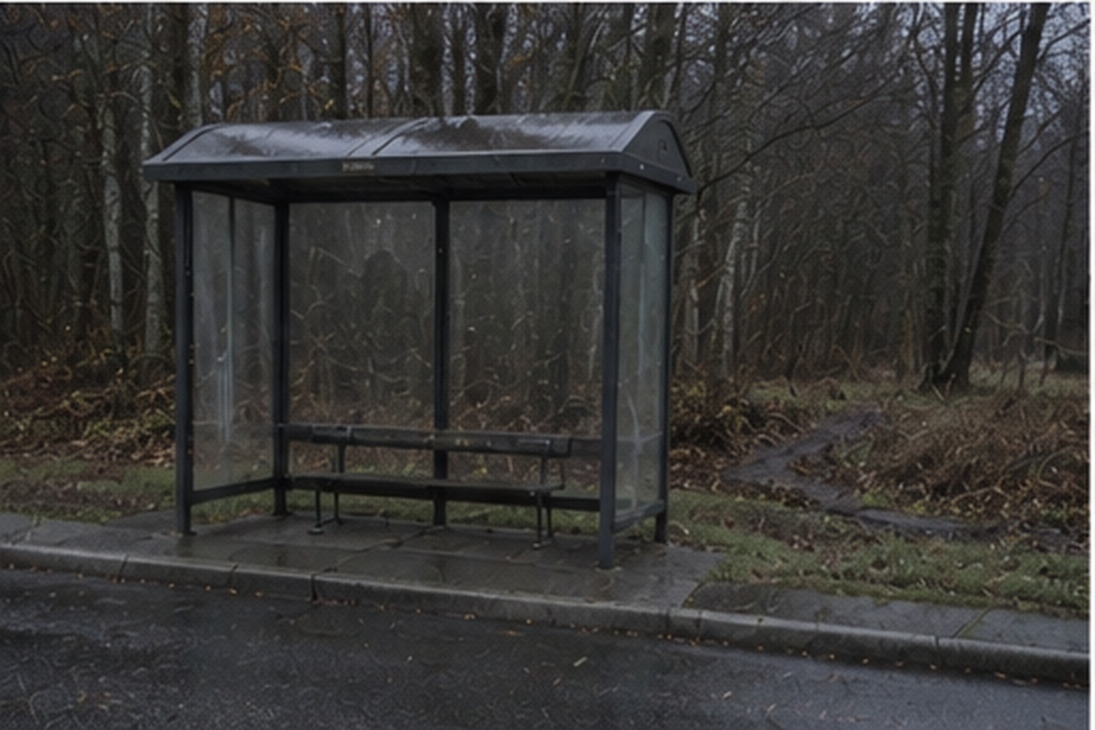 Deep track behind rural bus shelter