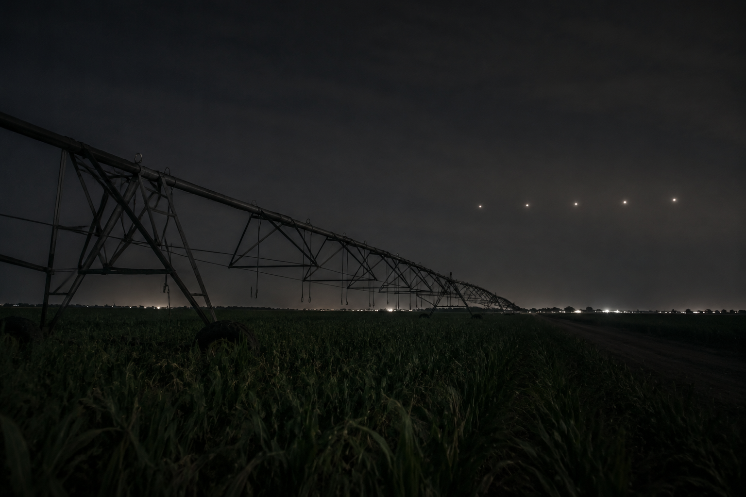 Row of lights above rural irrigation pivot road