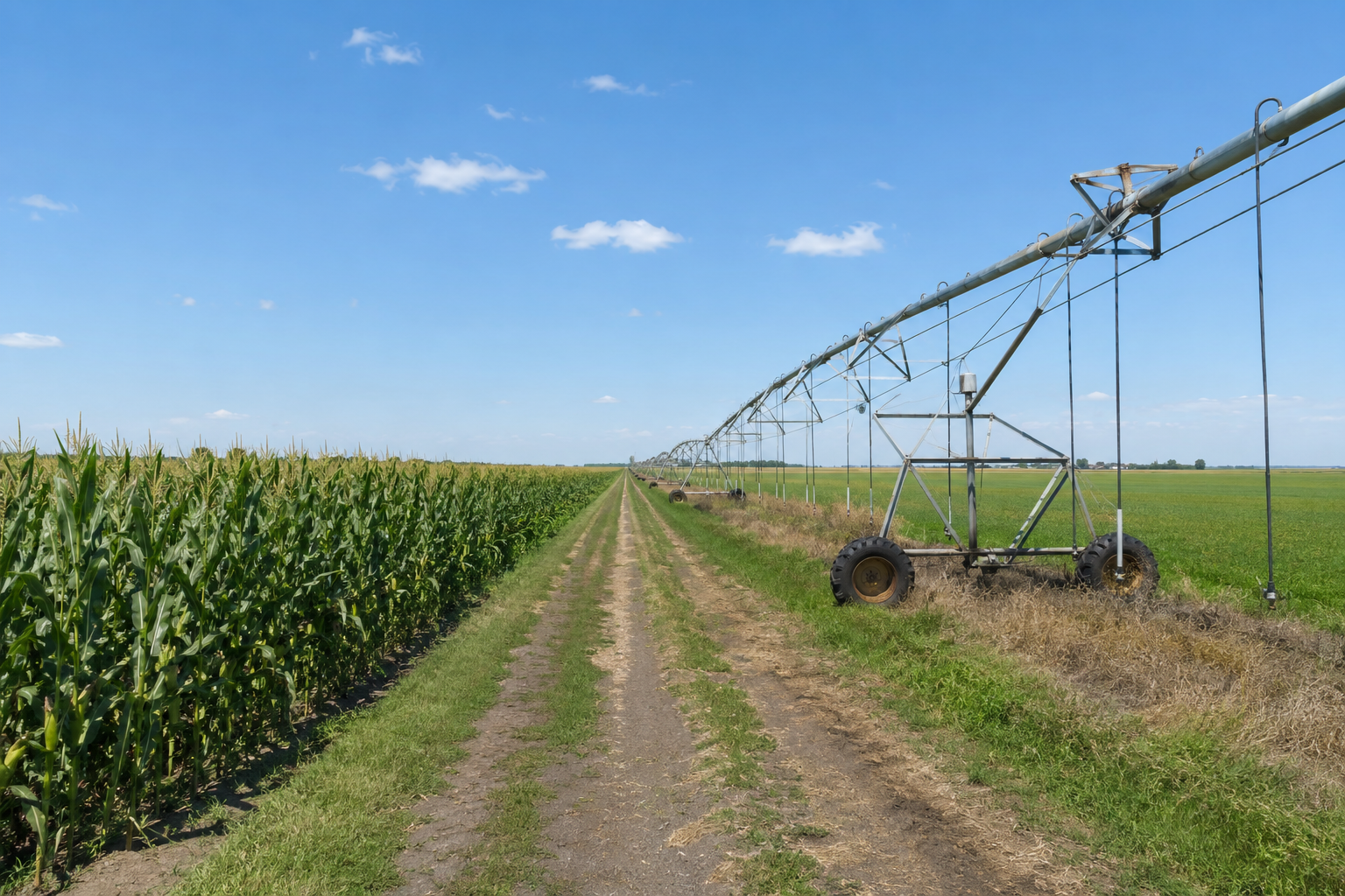 Daytime cornfield pivot and empty service road