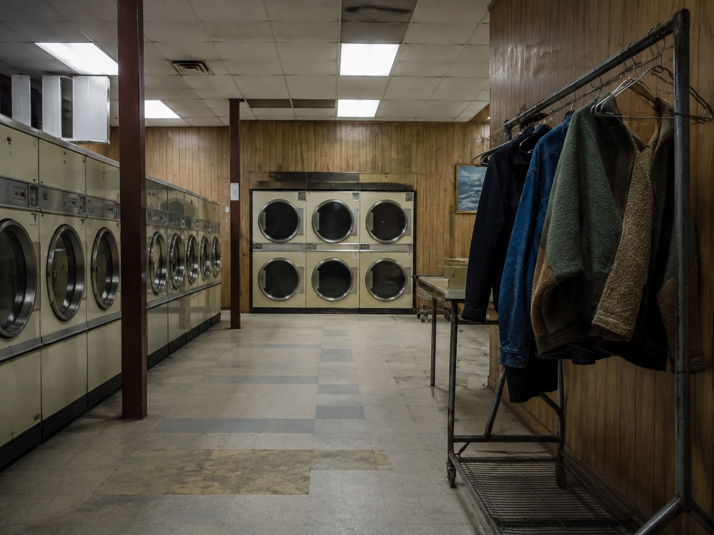Lost-and-found rack inside rural laundromat