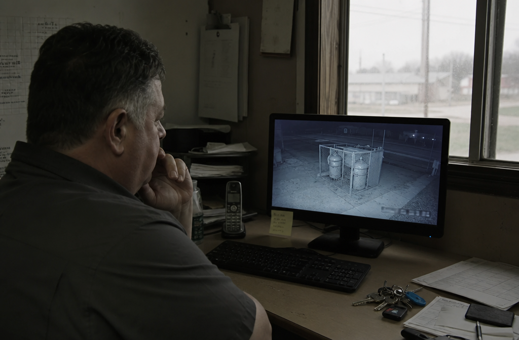 Store manager reviewing propane cage security footage on an office monitor.