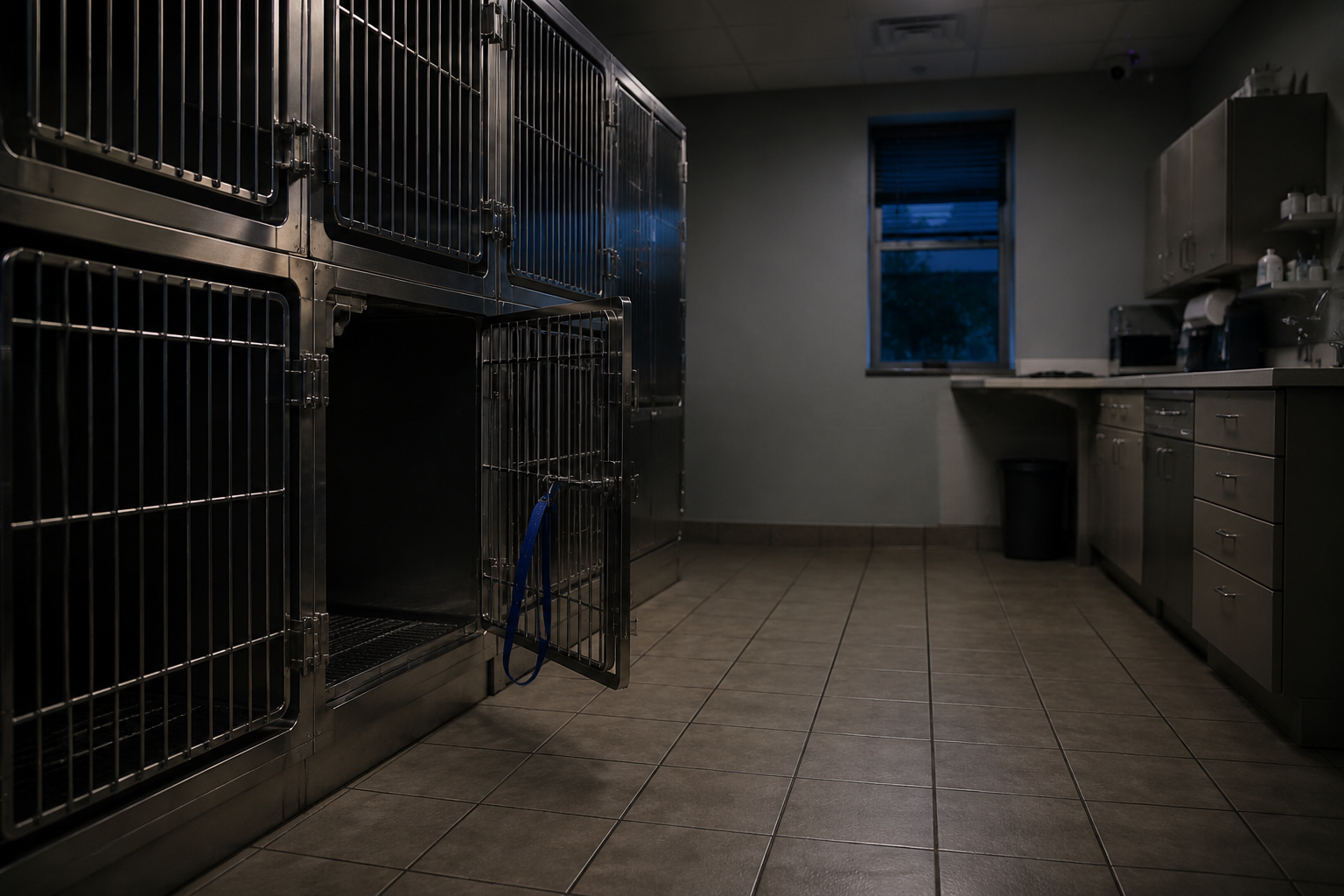 Blue leash on empty clinic kennel door