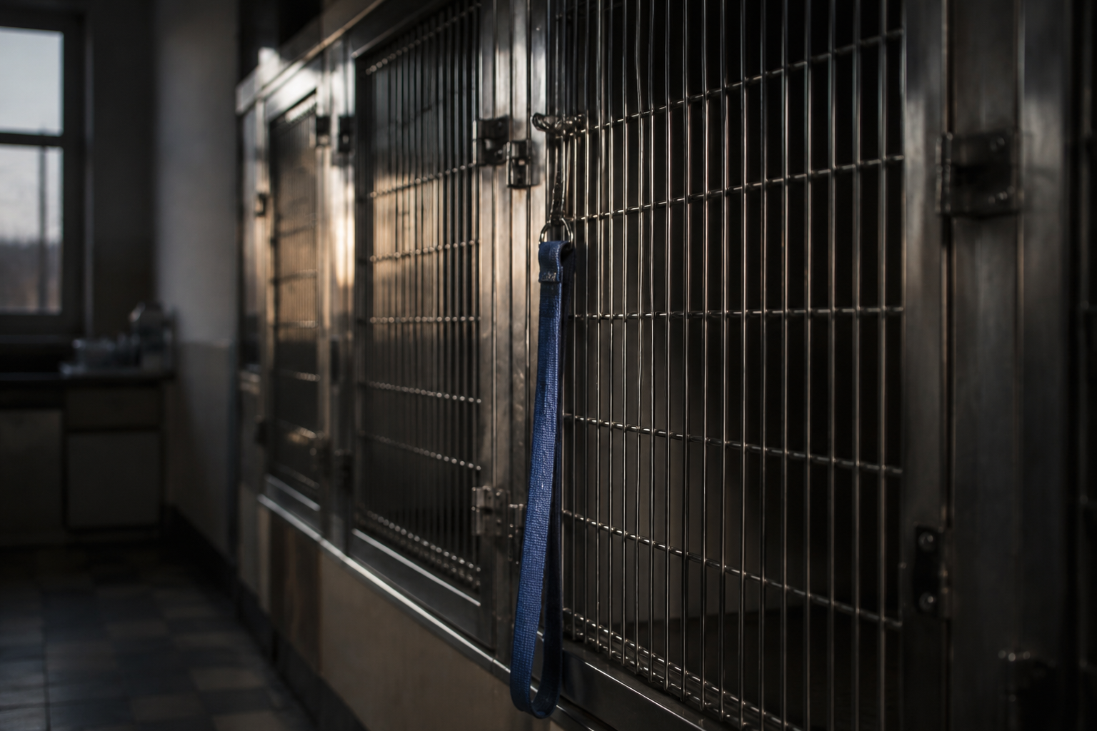 Reflective kennel doors with blue leash