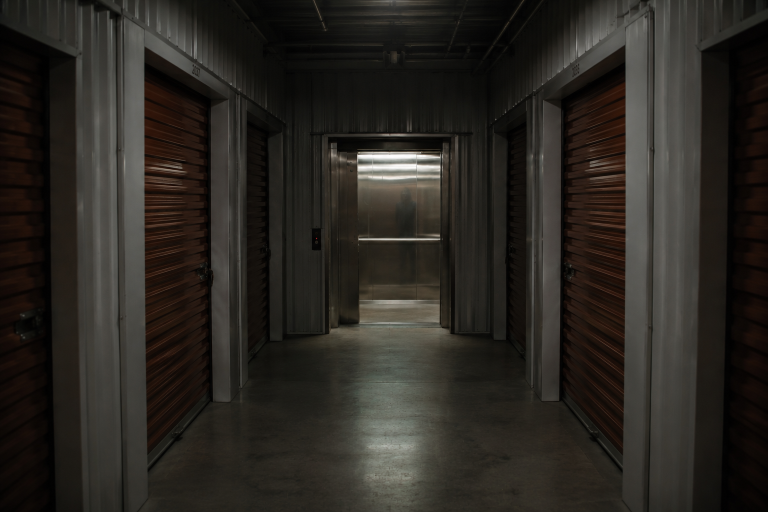 A deserted storage hallway leads to an open elevator with a faint dark reflection in its metal wall.