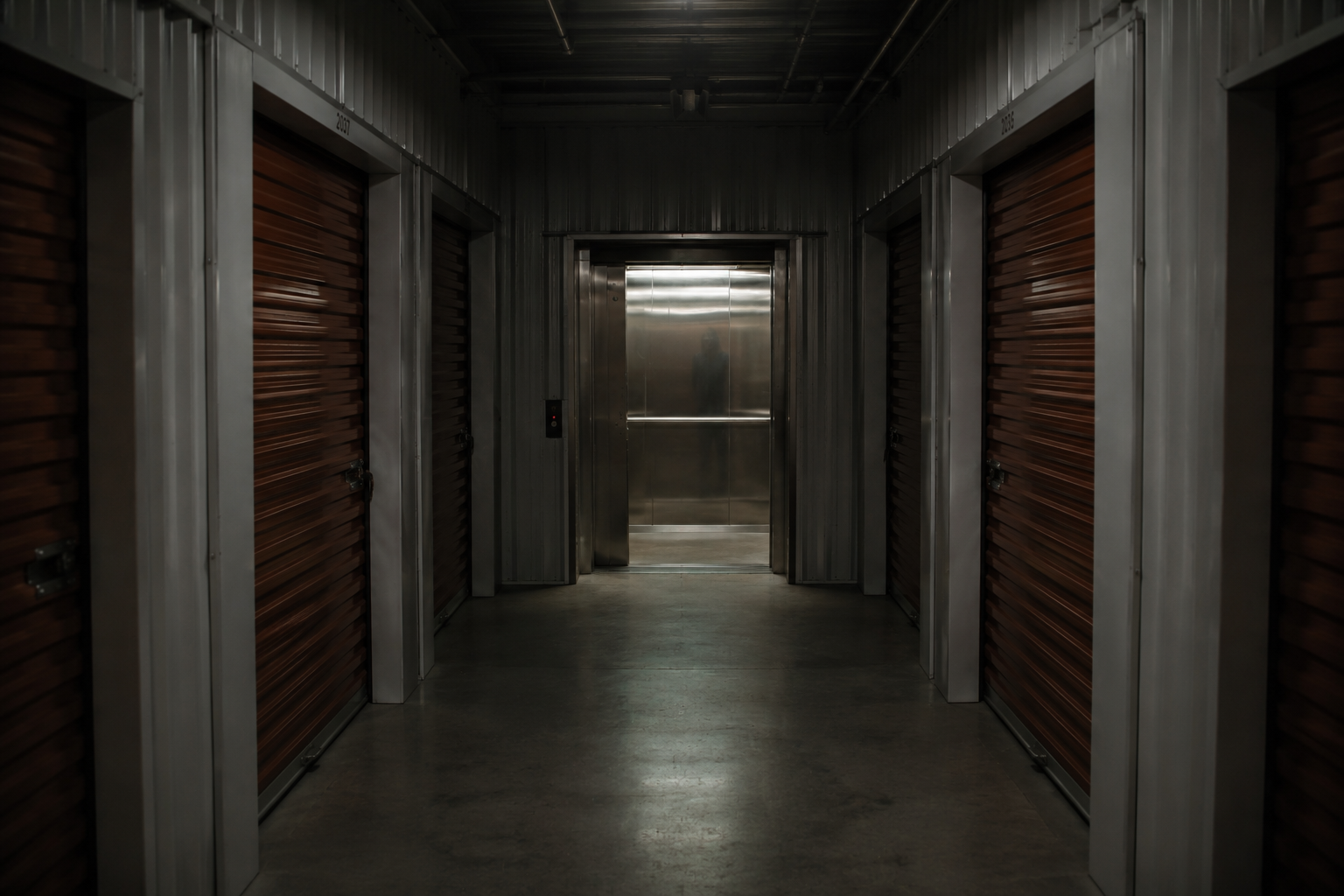 A deserted storage hallway leads to an open elevator with a faint dark reflection in its metal wall.