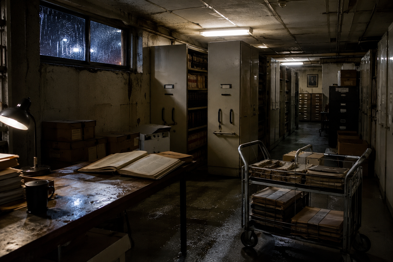 Storm-dark county records room with archive cart