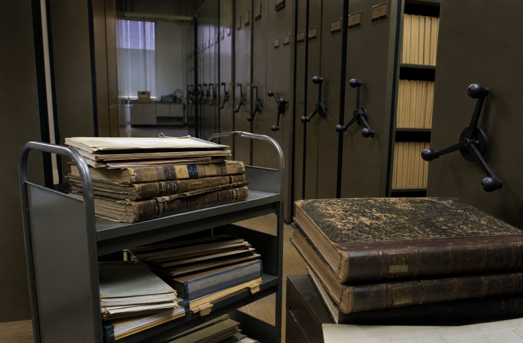 Archive cart angled toward rolling shelves