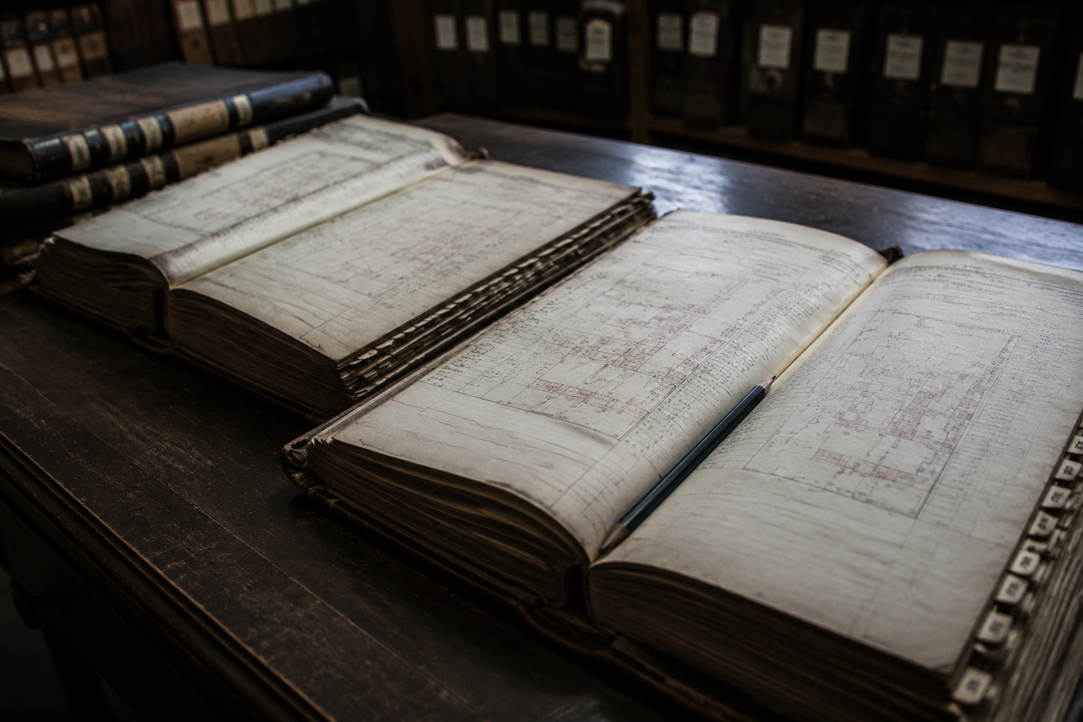 Open deed books on records room table