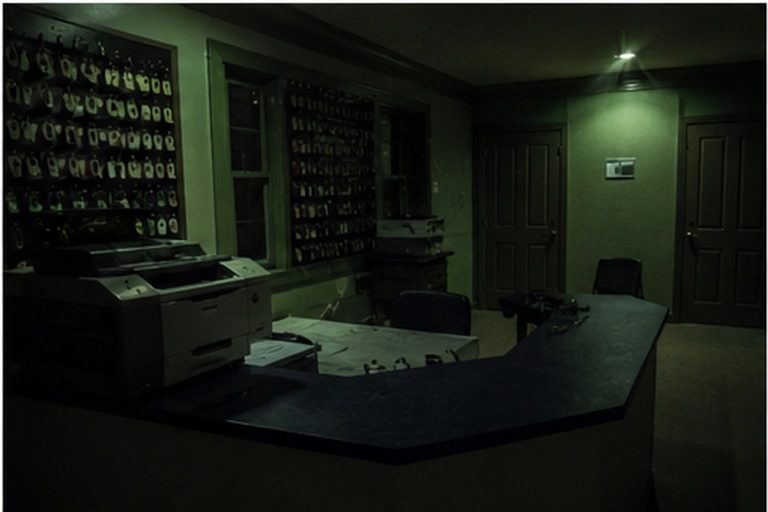 Closed storage office desk at night