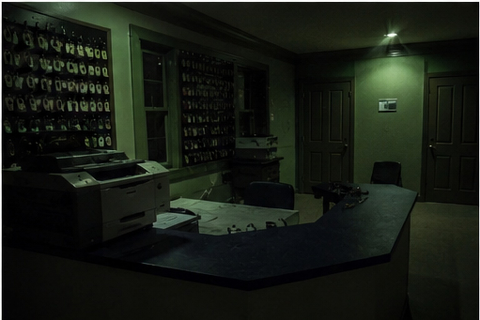 Closed storage office desk at night