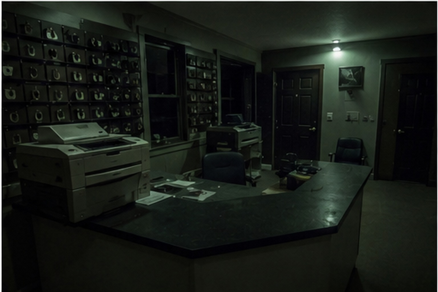 Printer tray in a dark storage office