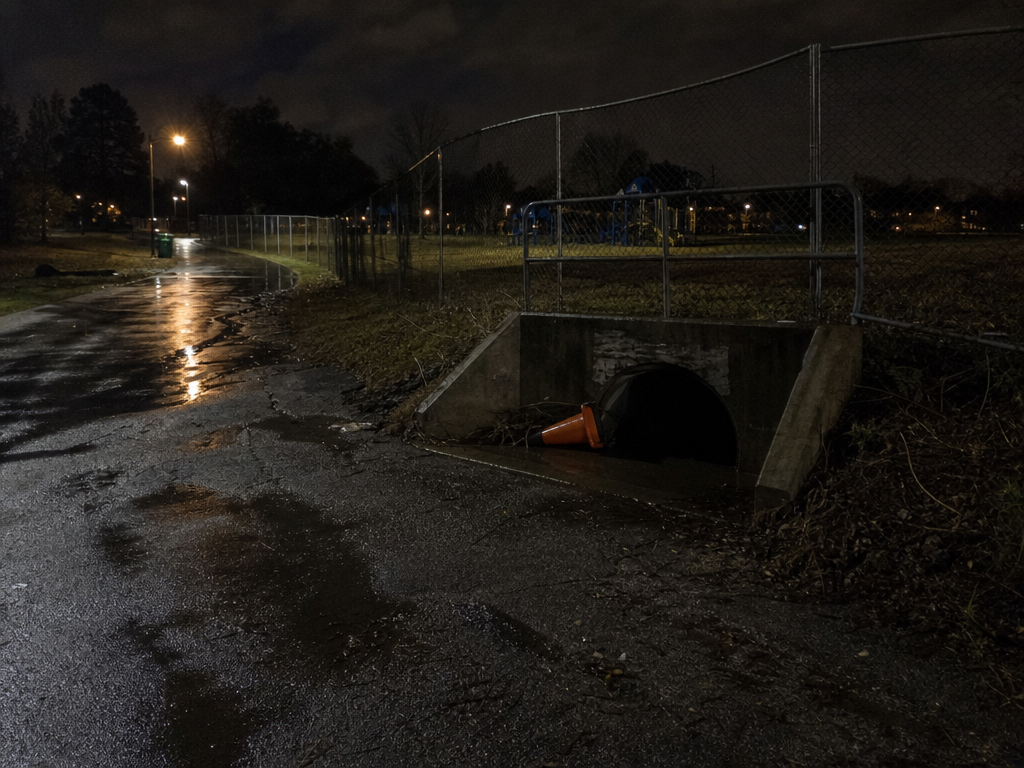 Bent cone near wet storm-drain road