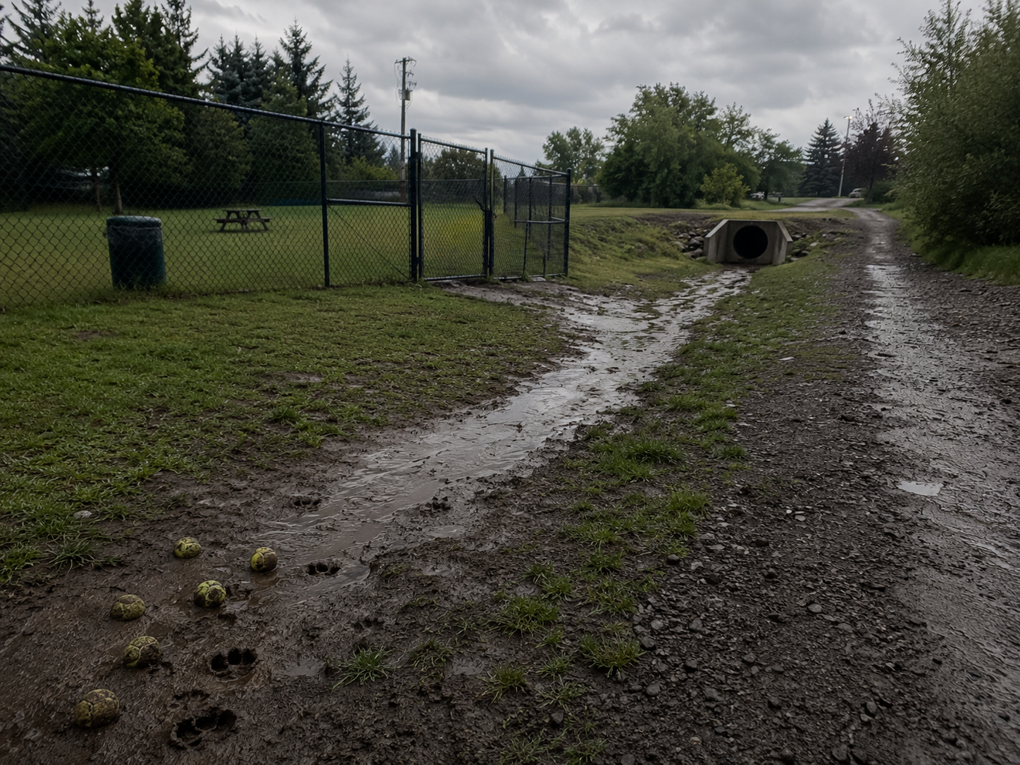 Dog park fence beside muddy access road