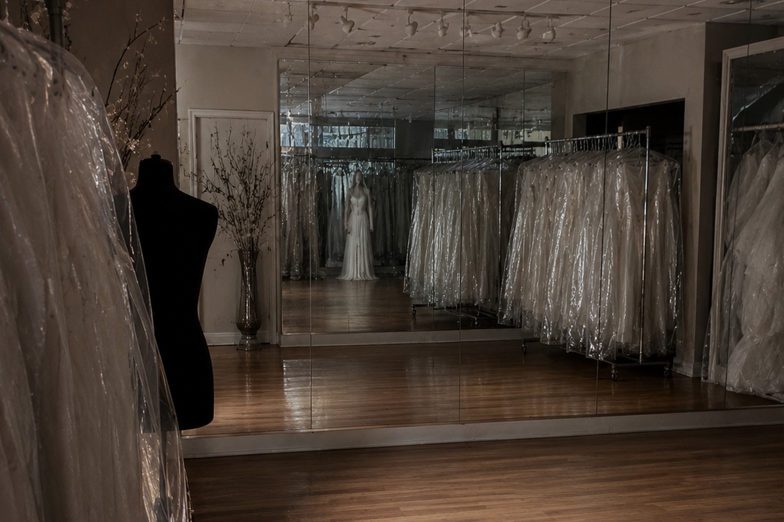 The Closed Bridal Shop Mirror Photo Showed A White-Dressed Figure Behind The Veil Racks reconstructed scene 3