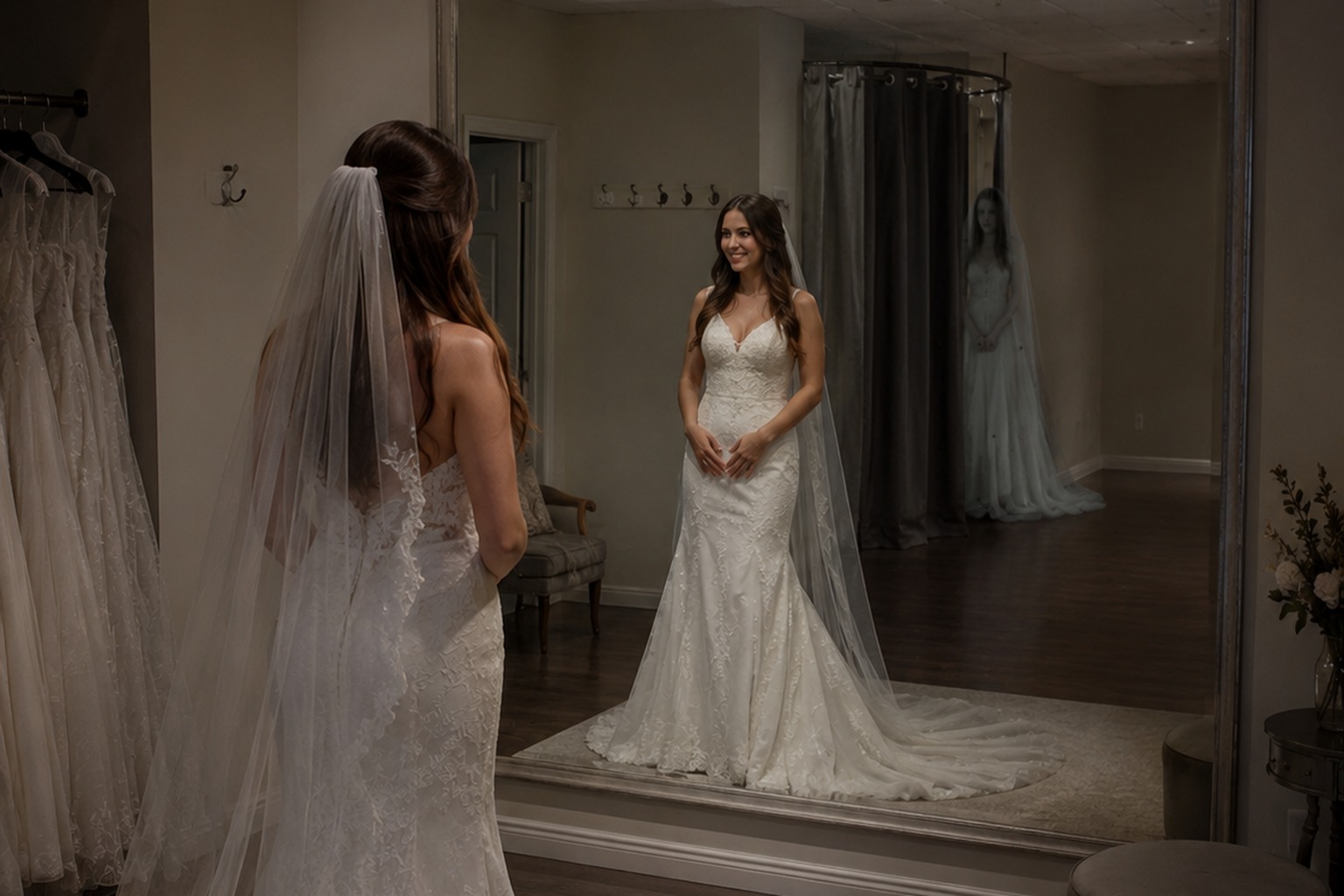 The Closed Bridal Shop Mirror Photo Showed A White-Dressed Figure Behind The Veil Racks reconstructed scene 4