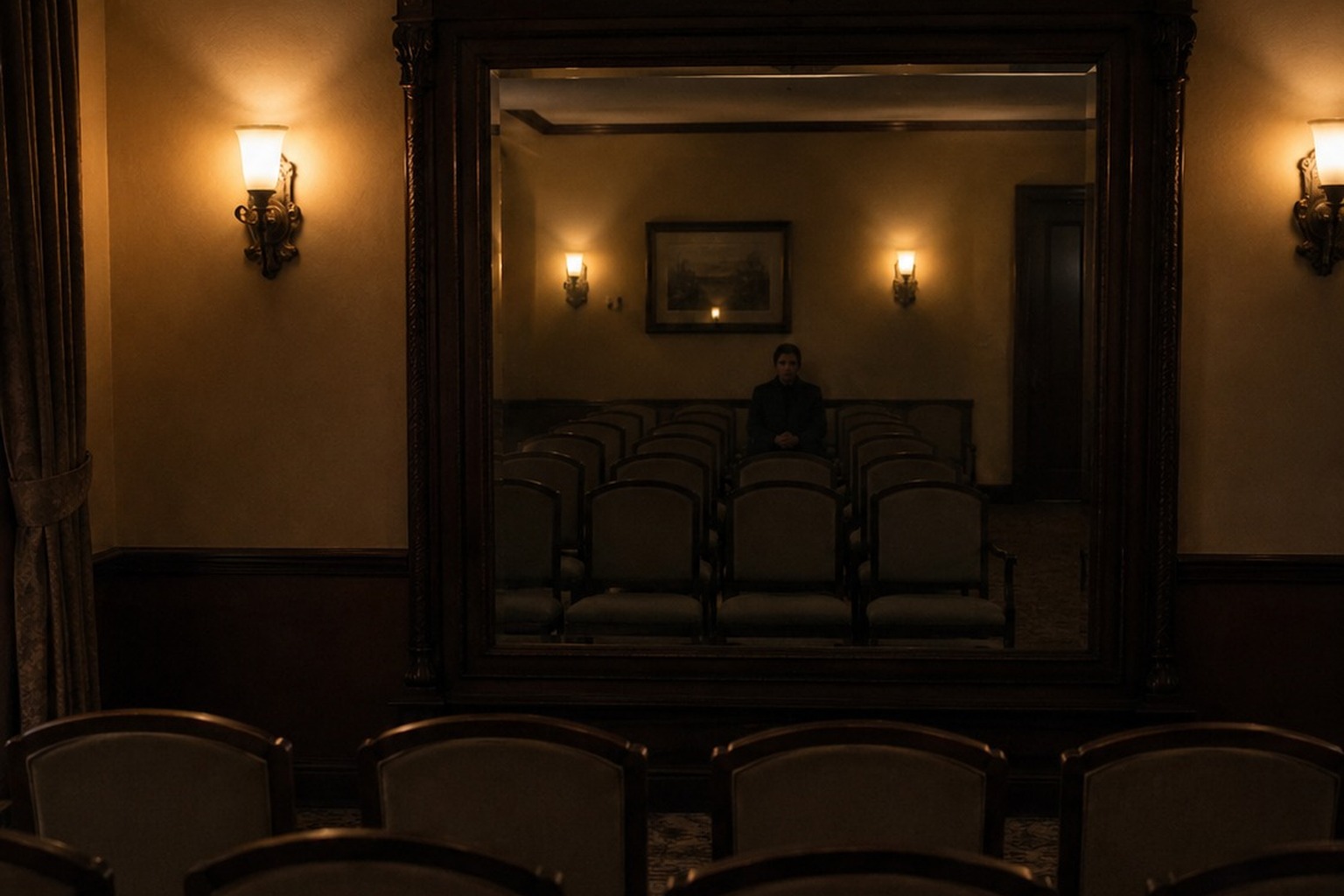 The Closed Funeral Home Viewing Room Mirror That Reflected Someone Sitting Up reconstructed scene image 1