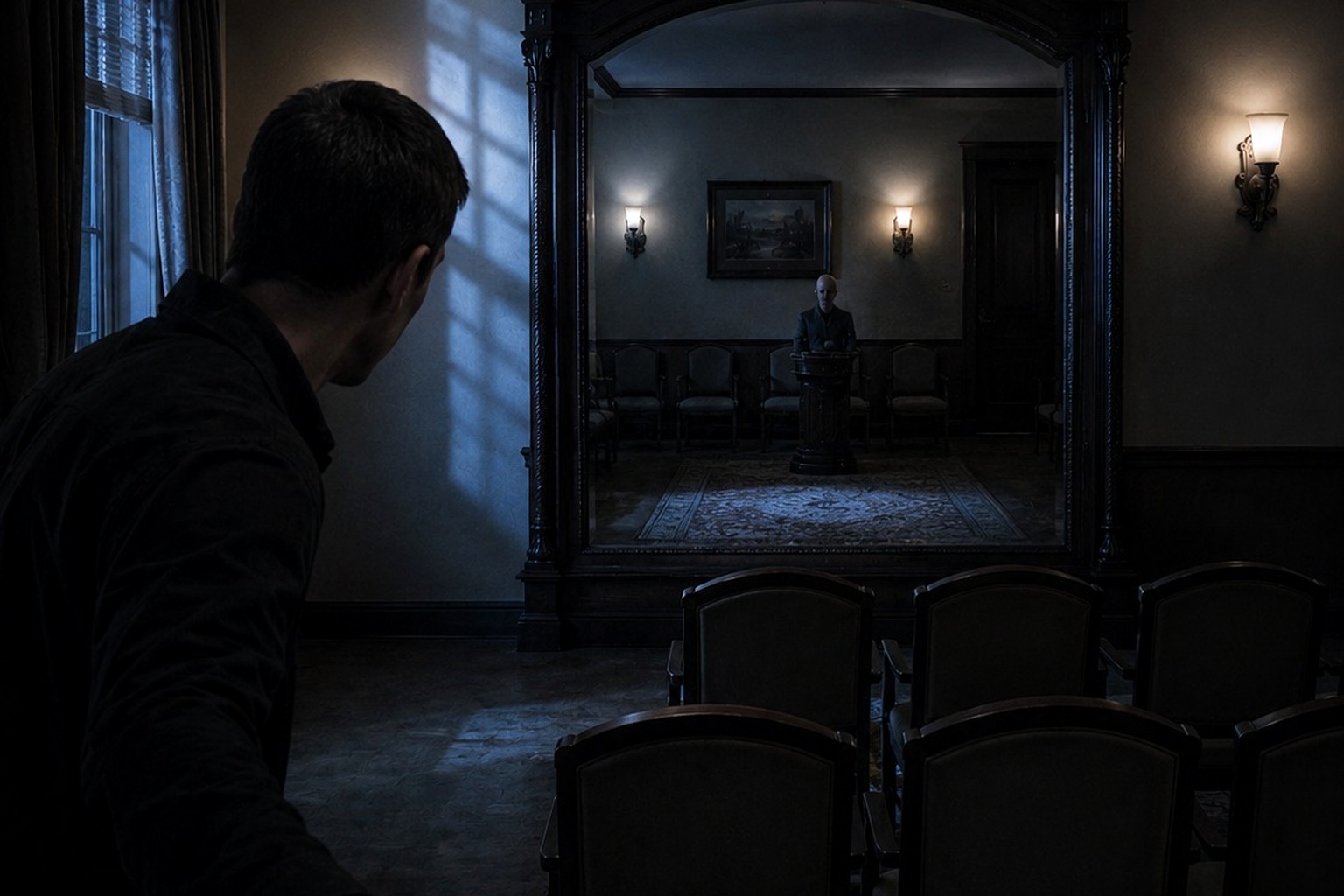 The Closed Funeral Home Viewing Room Mirror That Reflected Someone Sitting Up reconstructed scene image 2