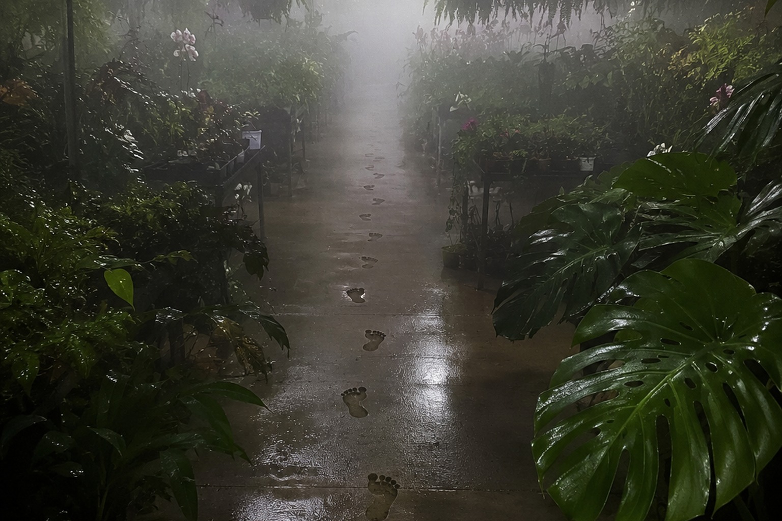 The Closed Greenhouse Mist Camera Showed Footprints Crossing The Wet Concrete reconstructed scene 1