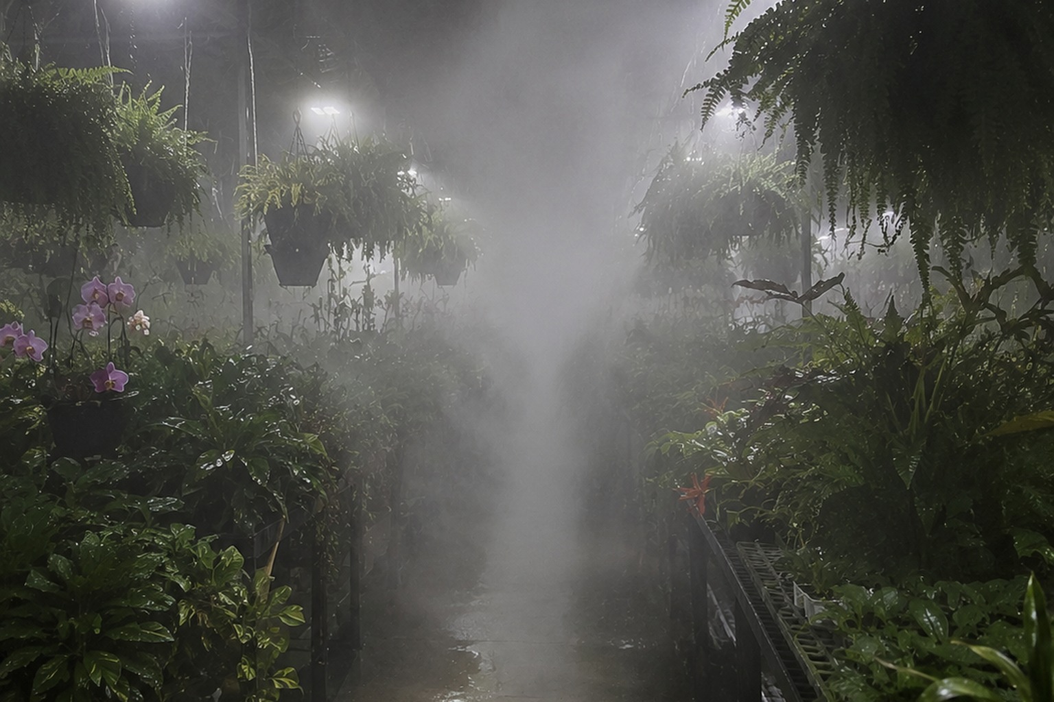 The Closed Greenhouse Mist Camera Showed Footprints Crossing The Wet Concrete reconstructed scene 2