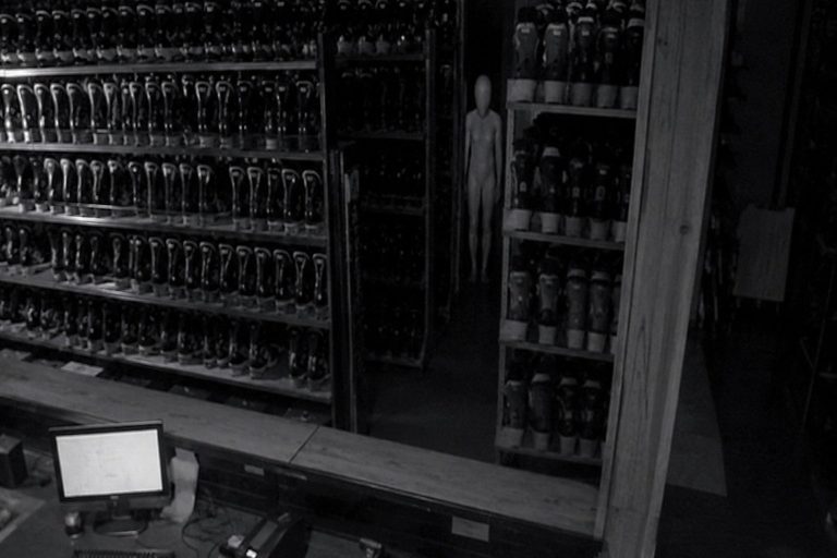 The Closed Ski Rental Counter Camera Showed A White Figure Behind The Boot Wall reconstructed scene 1