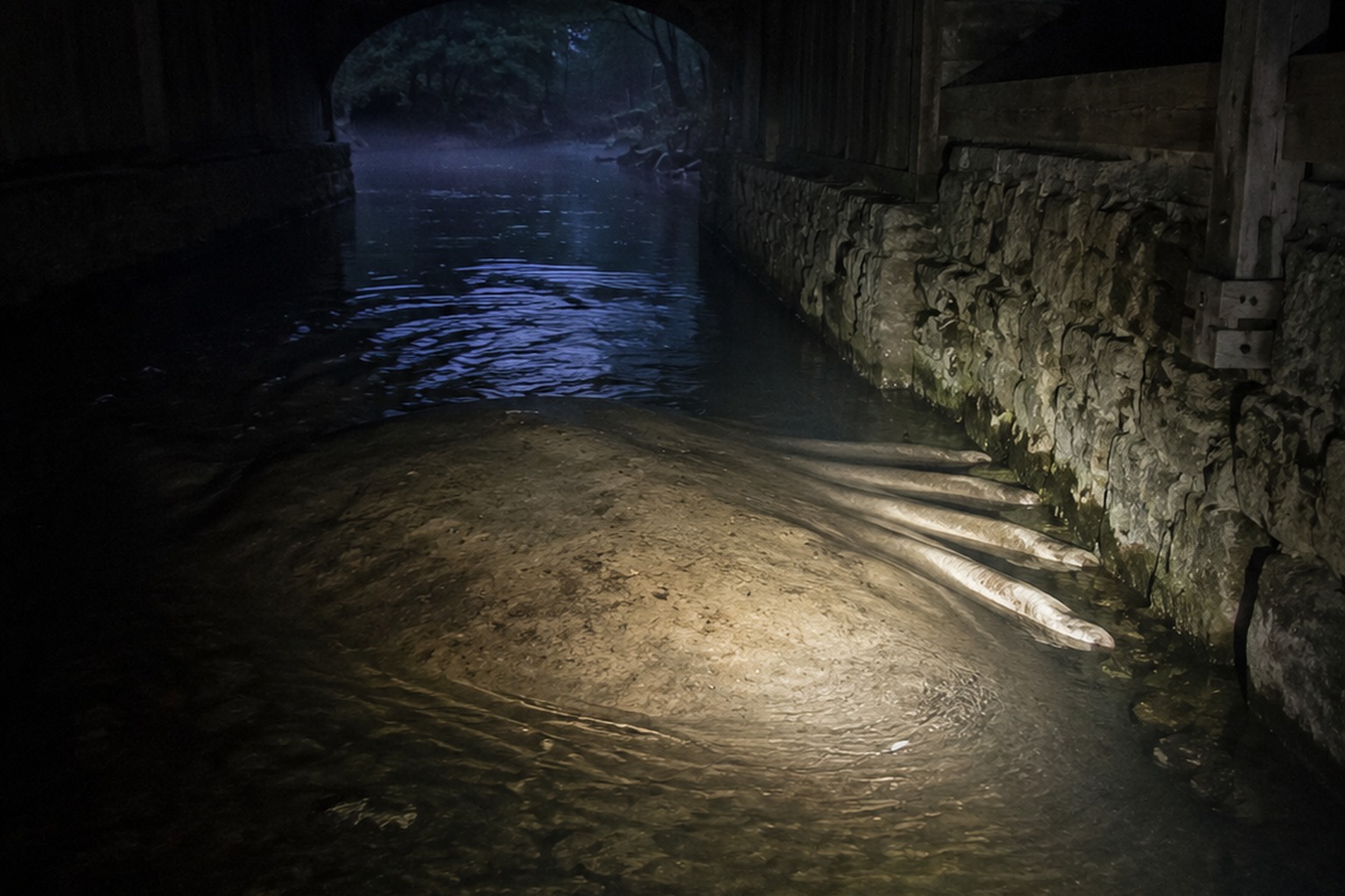 The Covered Bridge Creek Camera Showed A Massive Shape Under The Far Arch reconstructed scene 1