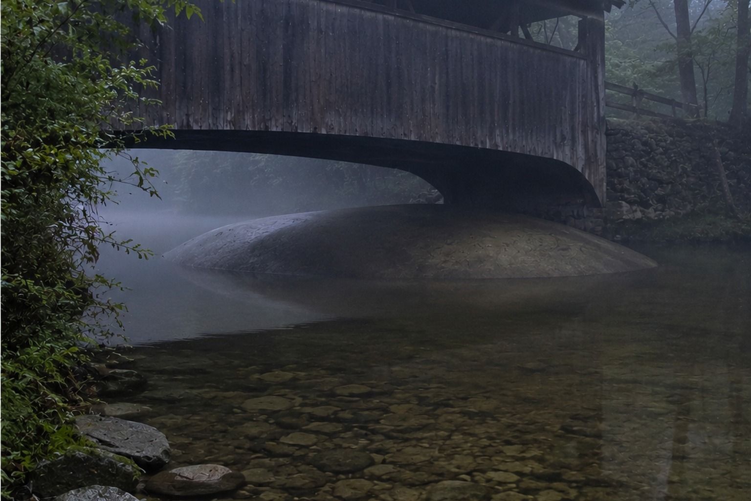 The Covered Bridge Creek Camera Showed A Massive Shape Under The Far Arch reconstructed scene 2