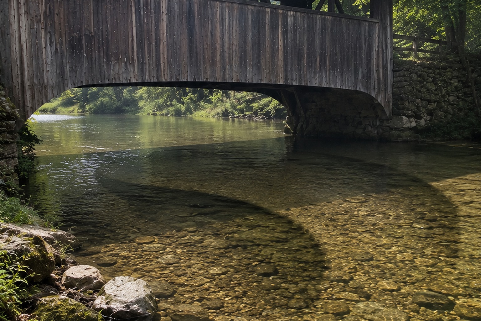 The Covered Bridge Creek Camera Showed A Massive Shape Under The Far Arch reconstructed scene 3