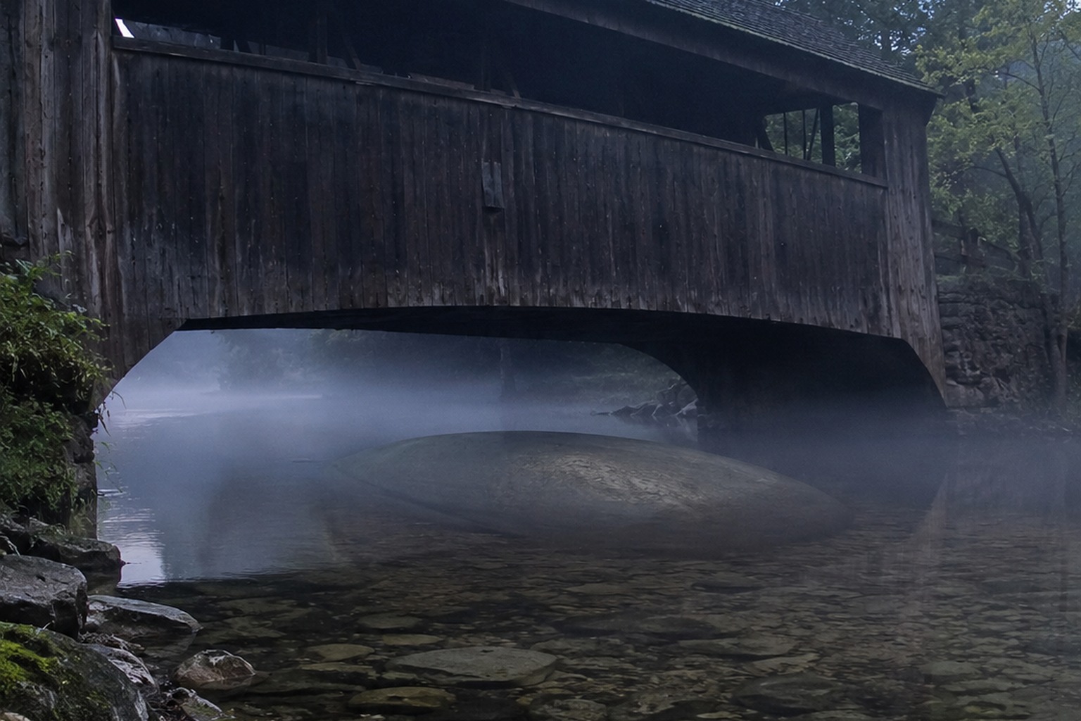 The Covered Bridge Creek Camera Showed A Massive Shape Under The Far Arch reconstructed scene 4