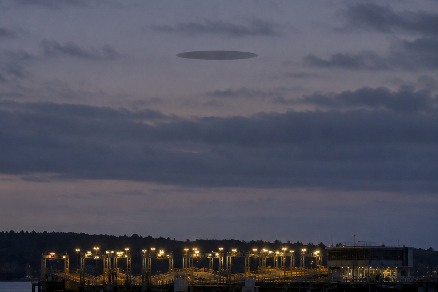 The Empty Ferry Terminal Photo Caught A Dark Oval Craft Above The Ramp Lights reconstructed scene 4