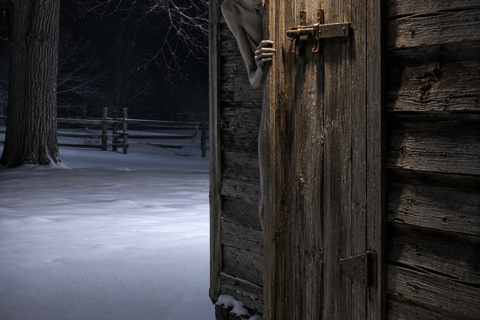 The Old Farm Smokehouse Door Camera Saw A Thin Hairless Thing At The Latch reconstructed scene image 2