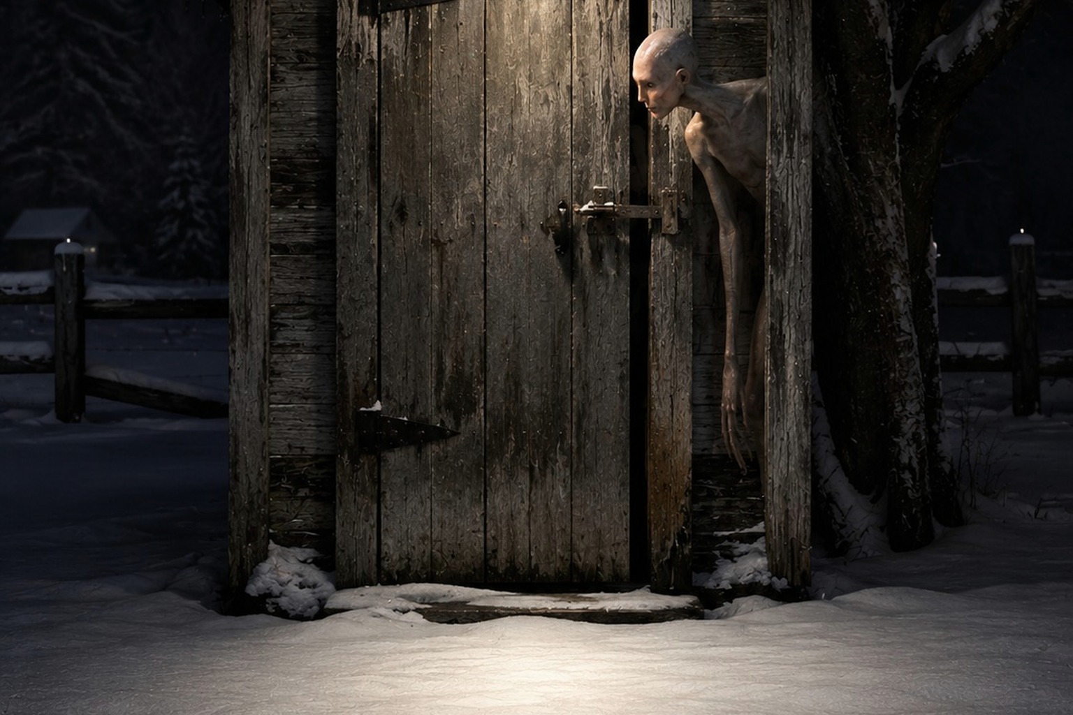 The Old Farm Smokehouse Door Camera Saw A Thin Hairless Thing At The Latch reconstructed scene image 3