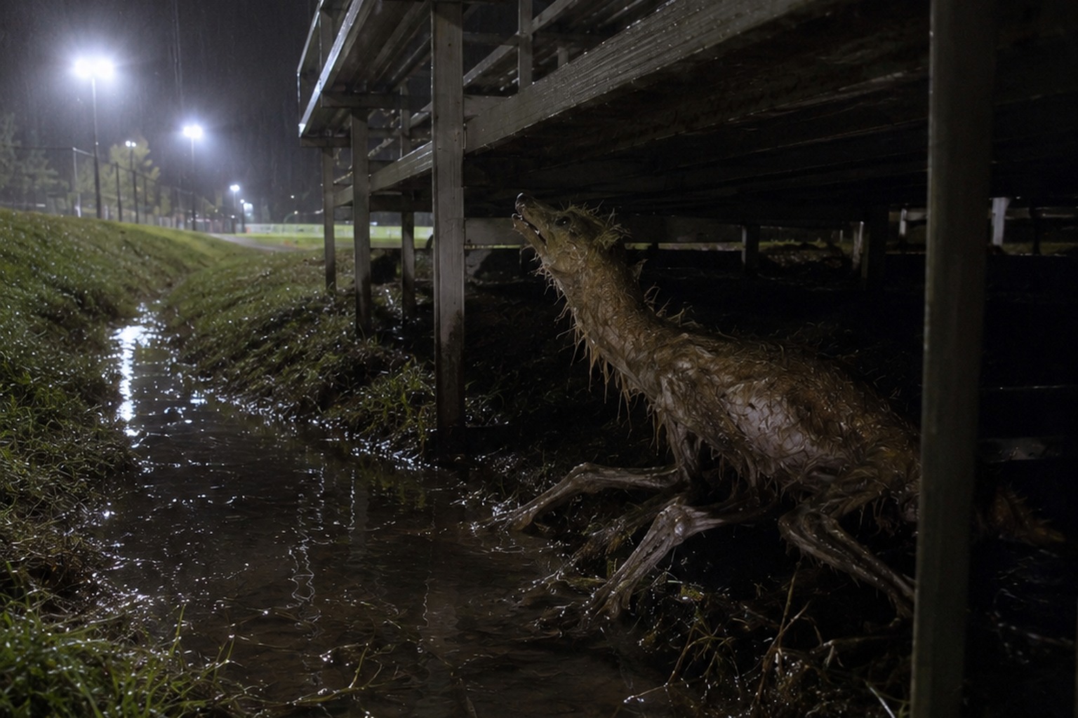 The Suburban Soccer Field Drainage Ditch Camera Saw A Hairless Thing Crawling Under The Bleachers reconstructed scene 2