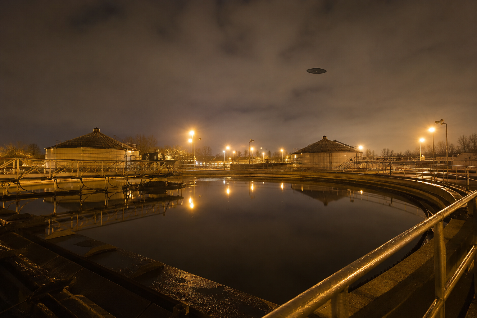 Night settling basin with dark oval above tanks