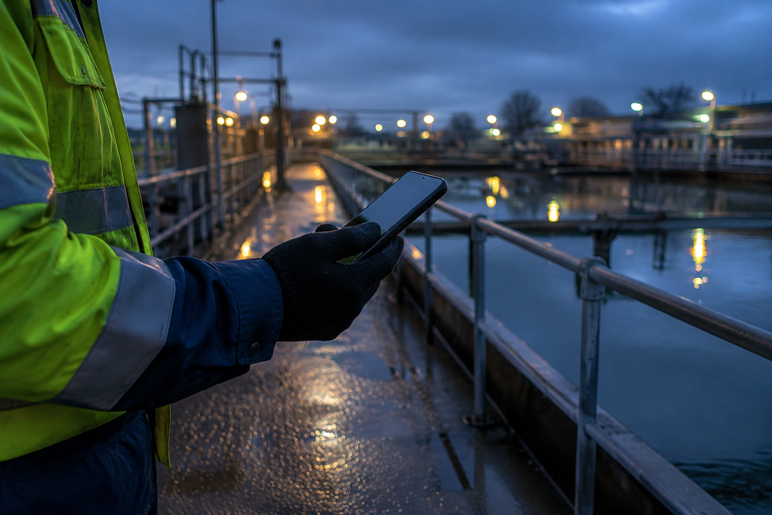 Worker photographing wet treatment plant walkway