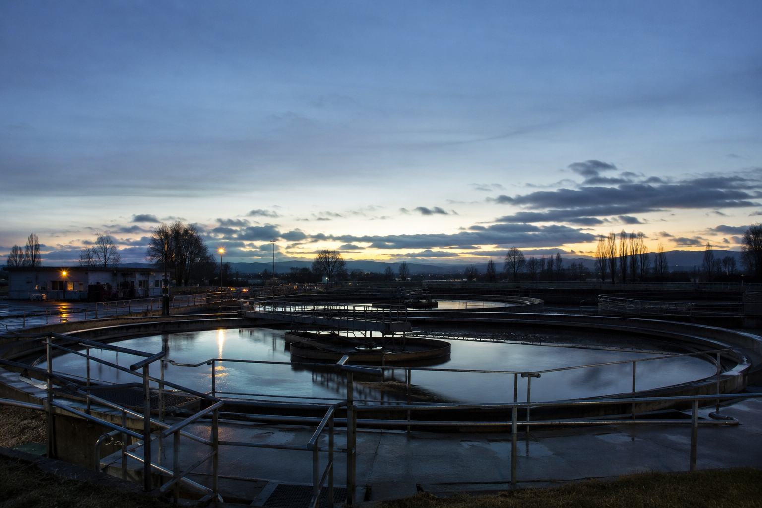 Empty settling tanks before dawn