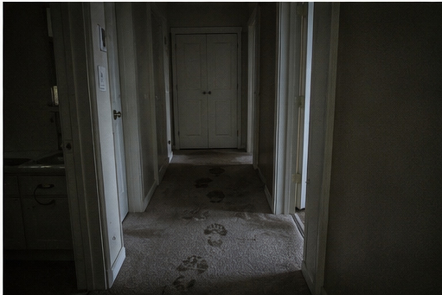 Quiet hallway with bathroom and closet doors