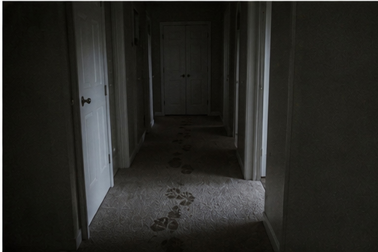 Wet footprints crossing a dry hallway